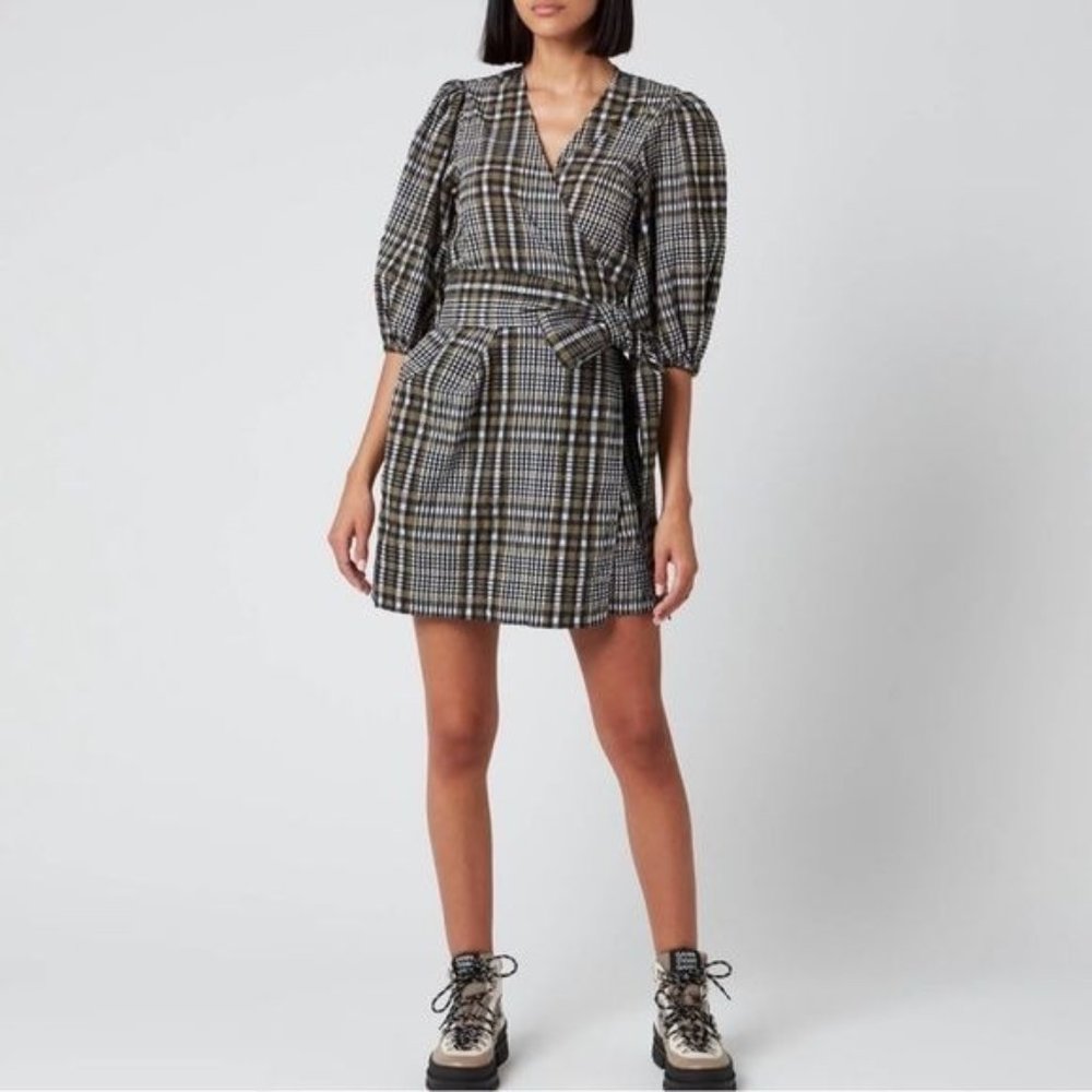 GANNI seersucker check plaid puff sleeve wrap front v-neck dress size 40/8-10